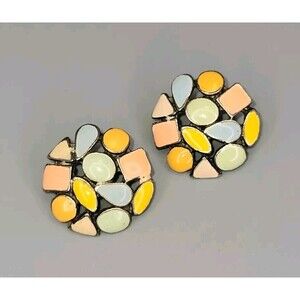 Vtg Pastel Enamel Mosaic Stud Earrings Round Button Femme Cute Pierced Coquette